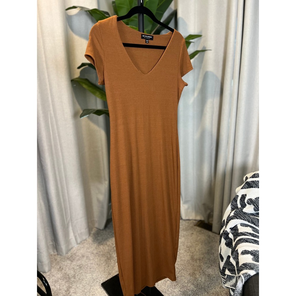See You Monday Cognac Brown Ribbed V-Neck Short Sleeve Maxi Dress XL